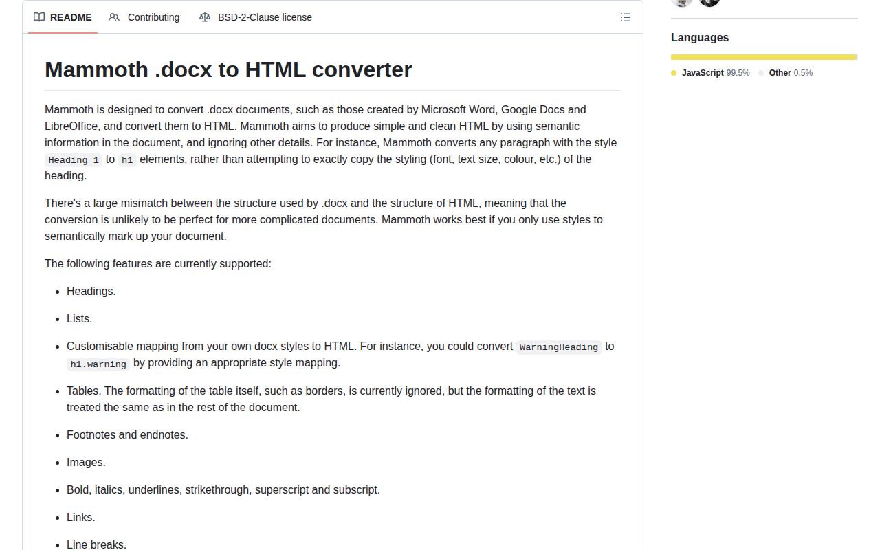 Screenshot of mammoth documentation