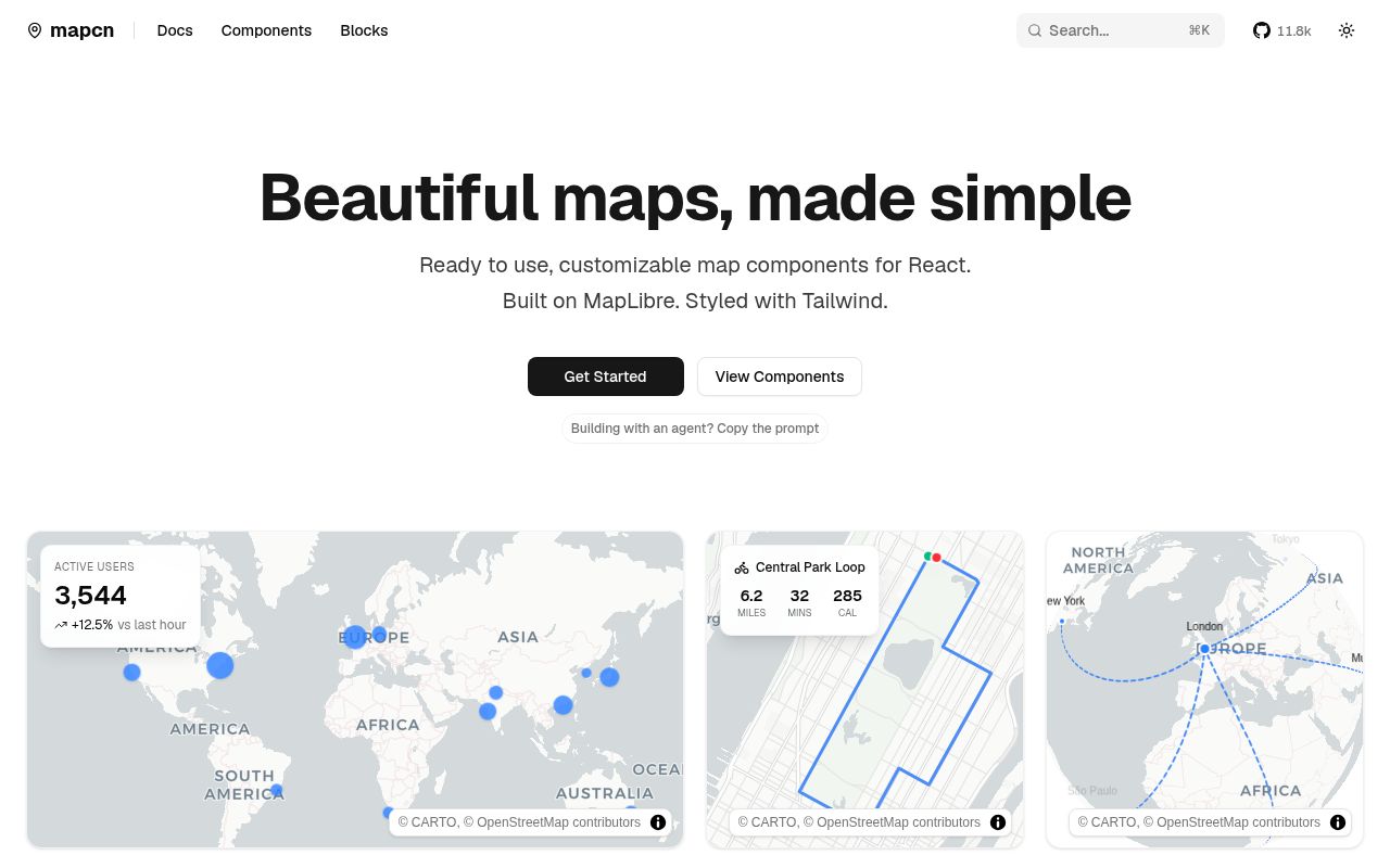 Screenshot of mapcn (mapcn.dev)