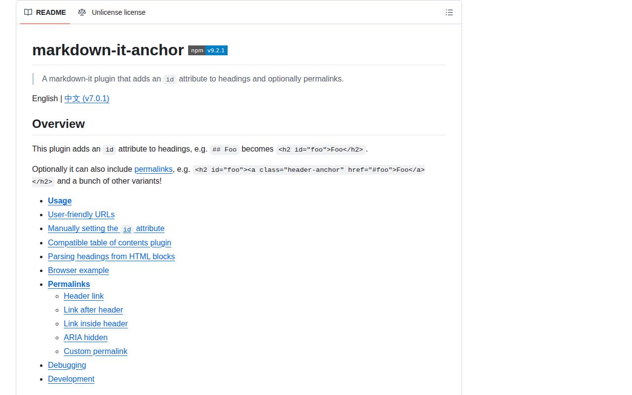 Screenshot of markdown-it-anchor documentation