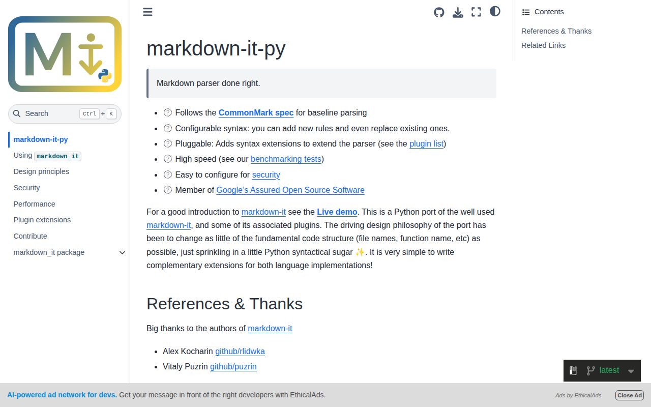 Screenshot of markdown-it-py documentation