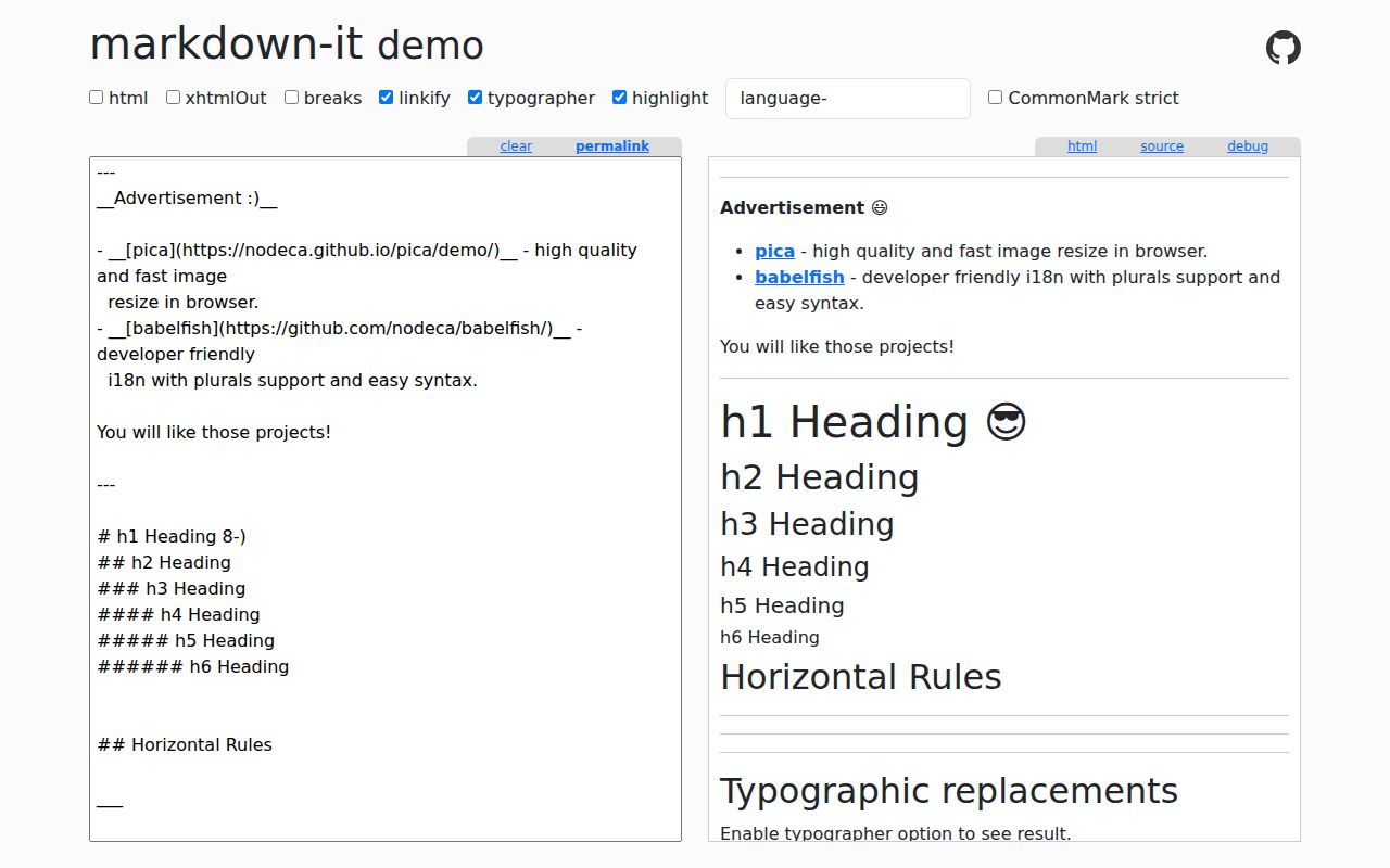 Screenshot of markdown-it documentation
