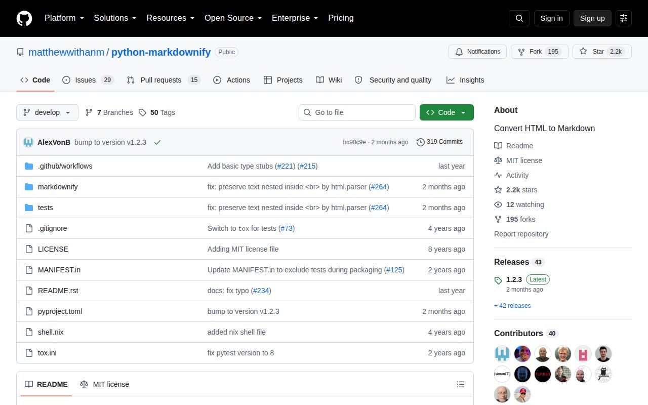 Screenshot of markdownify documentation