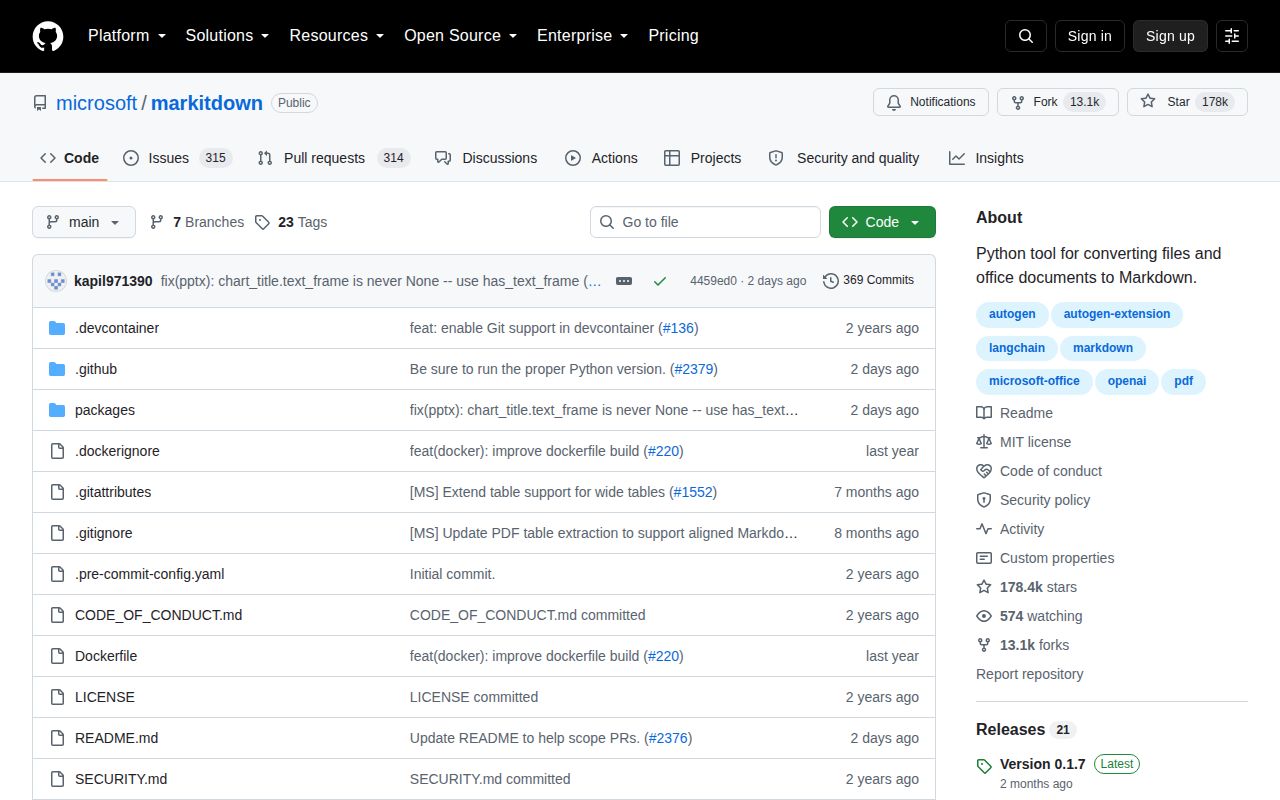 Screenshot of markitdown (github.com/microsoft/markitdown)