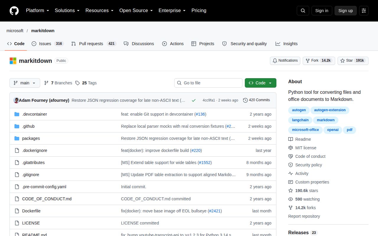Screenshot of markitdown (github.com/microsoft/markitdown)