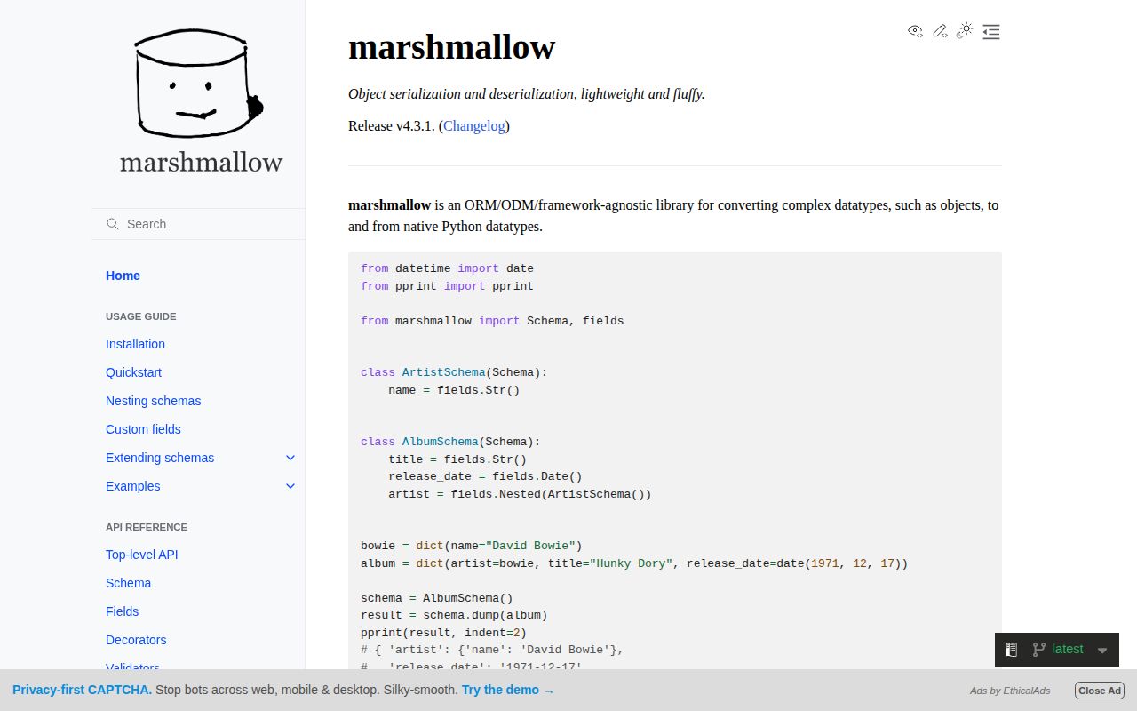 Screenshot of marshmallow documentation