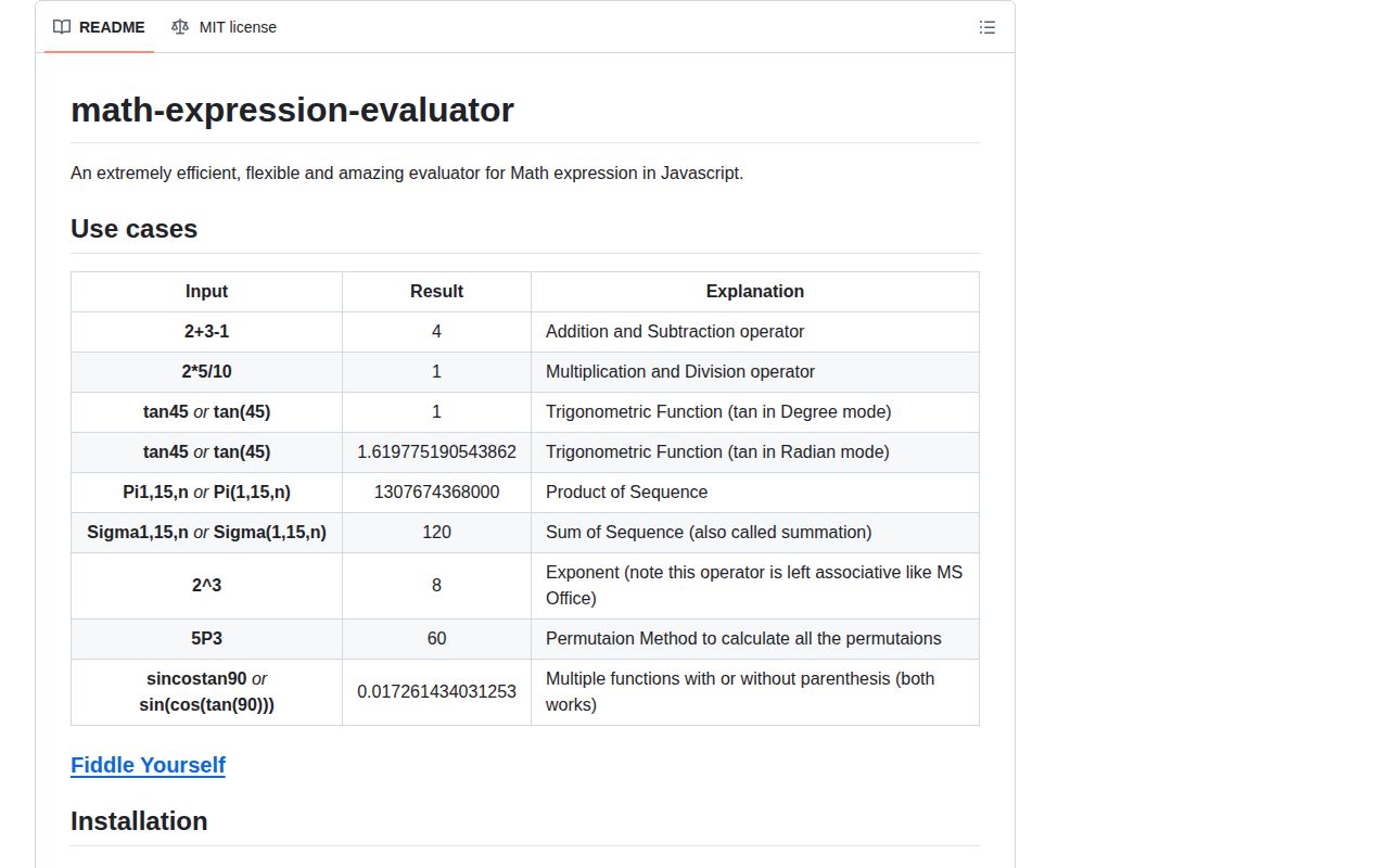 Screenshot of math-expression-evaluator documentation