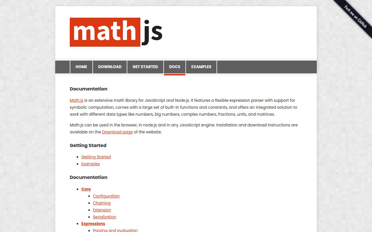Screenshot of mathjs documentation