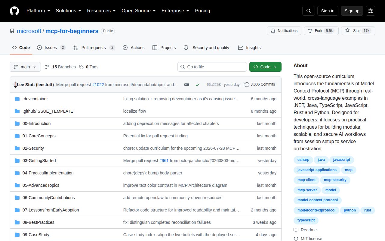Screenshot of mcp-for-beginners (github.com/microsoft/mcp-for-beginners)