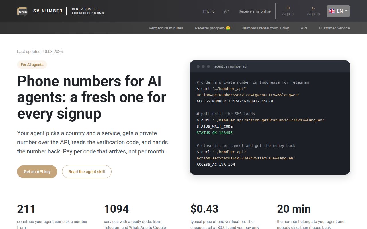 Screenshot of mcp-server (sms-verification-number.com/en/number-for-ai-agents)