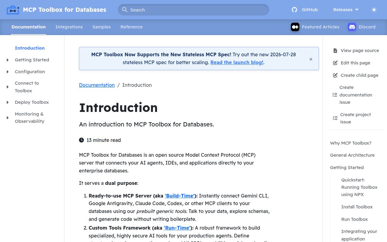 Screenshot of mcp-toolbox (mcp-toolbox.dev/documentation/introduction)