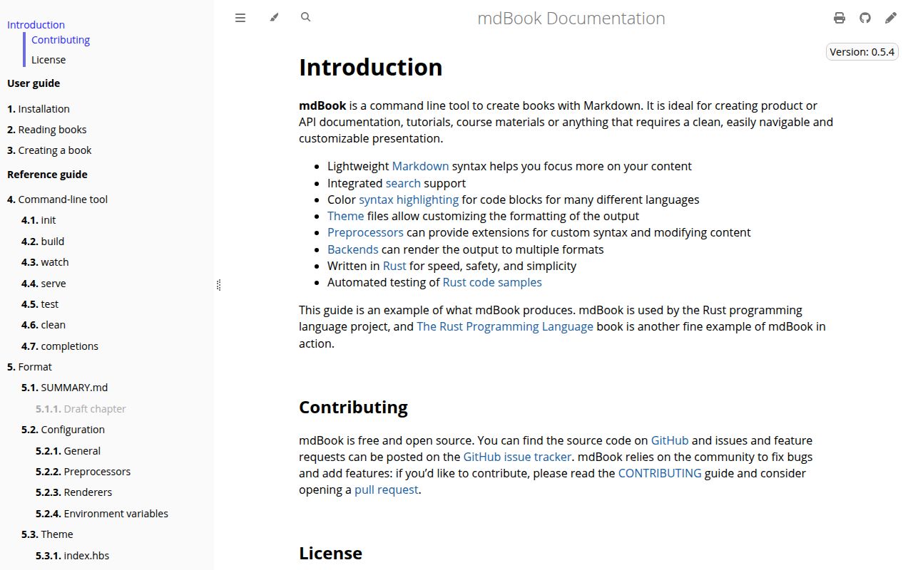 Screenshot of mdBook (rust-lang.github.io/mdBook)