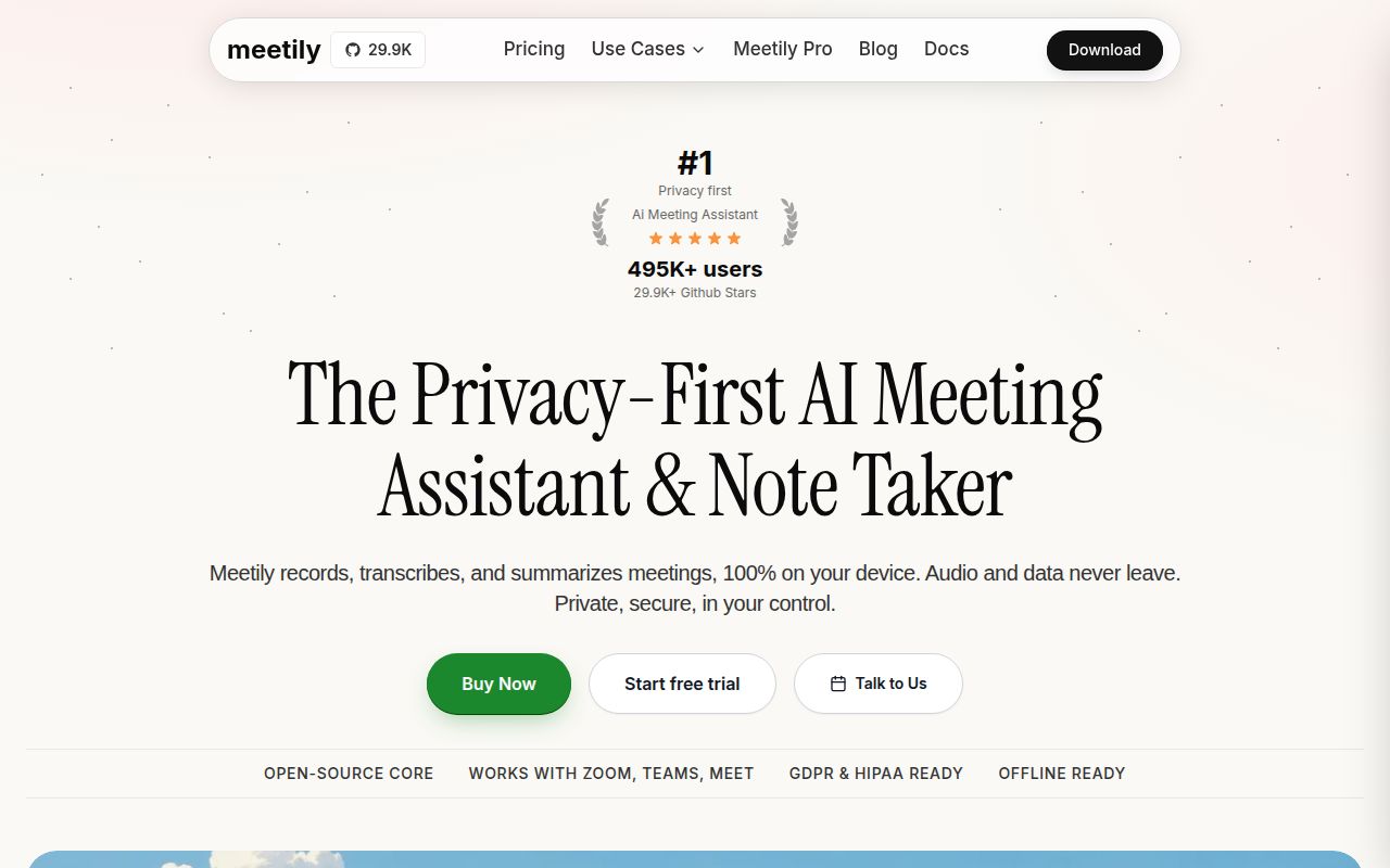 Screenshot of meetily (meetily.ai)