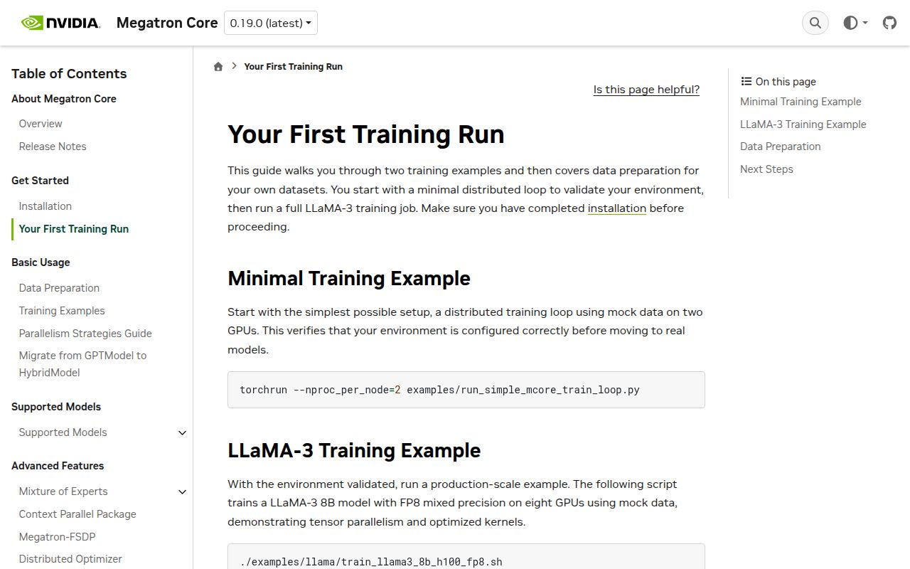 Screenshot of Megatron-LM (docs.nvidia.com/megatron-core/developer-guide/latest/get-started/quickstart.html)
