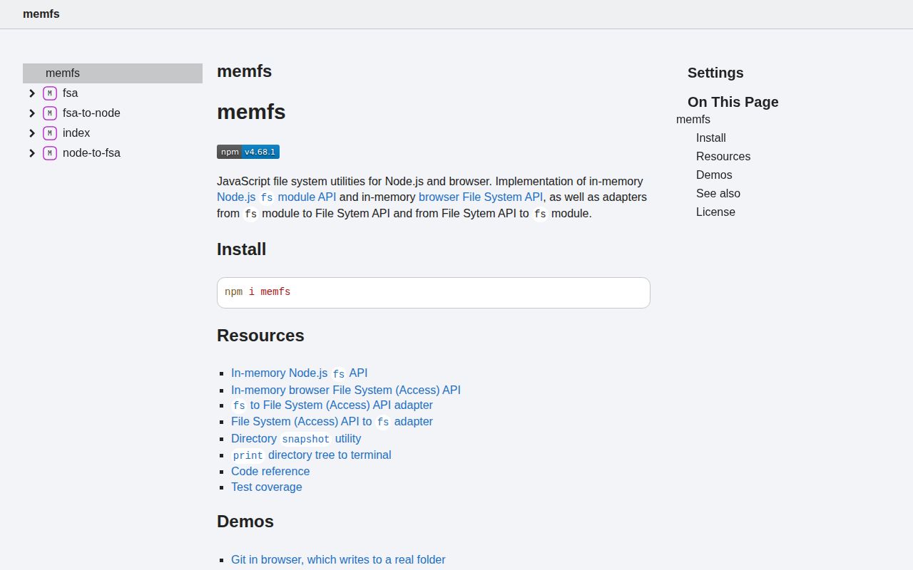 Screenshot of memfs documentation