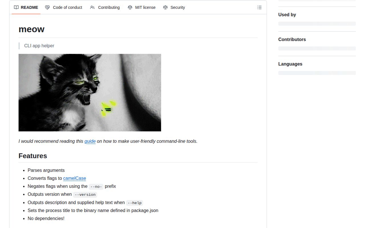 Screenshot of meow documentation