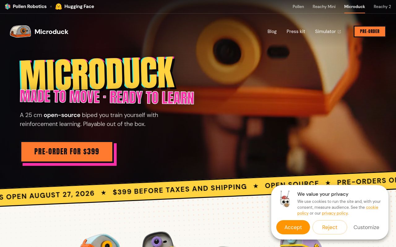 Screenshot of microduck (pollen-robotics.com/microduck)