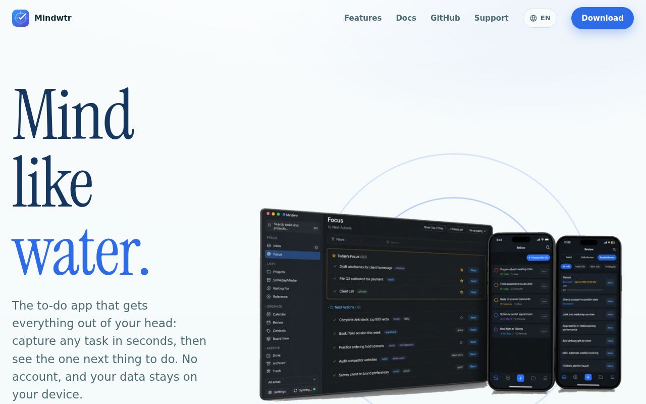 Screenshot of Mindwtr (mindwtr.app)