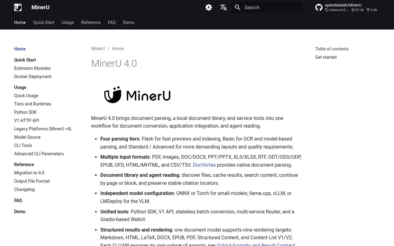 Screenshot of MinerU (opendatalab.github.io/MinerU)