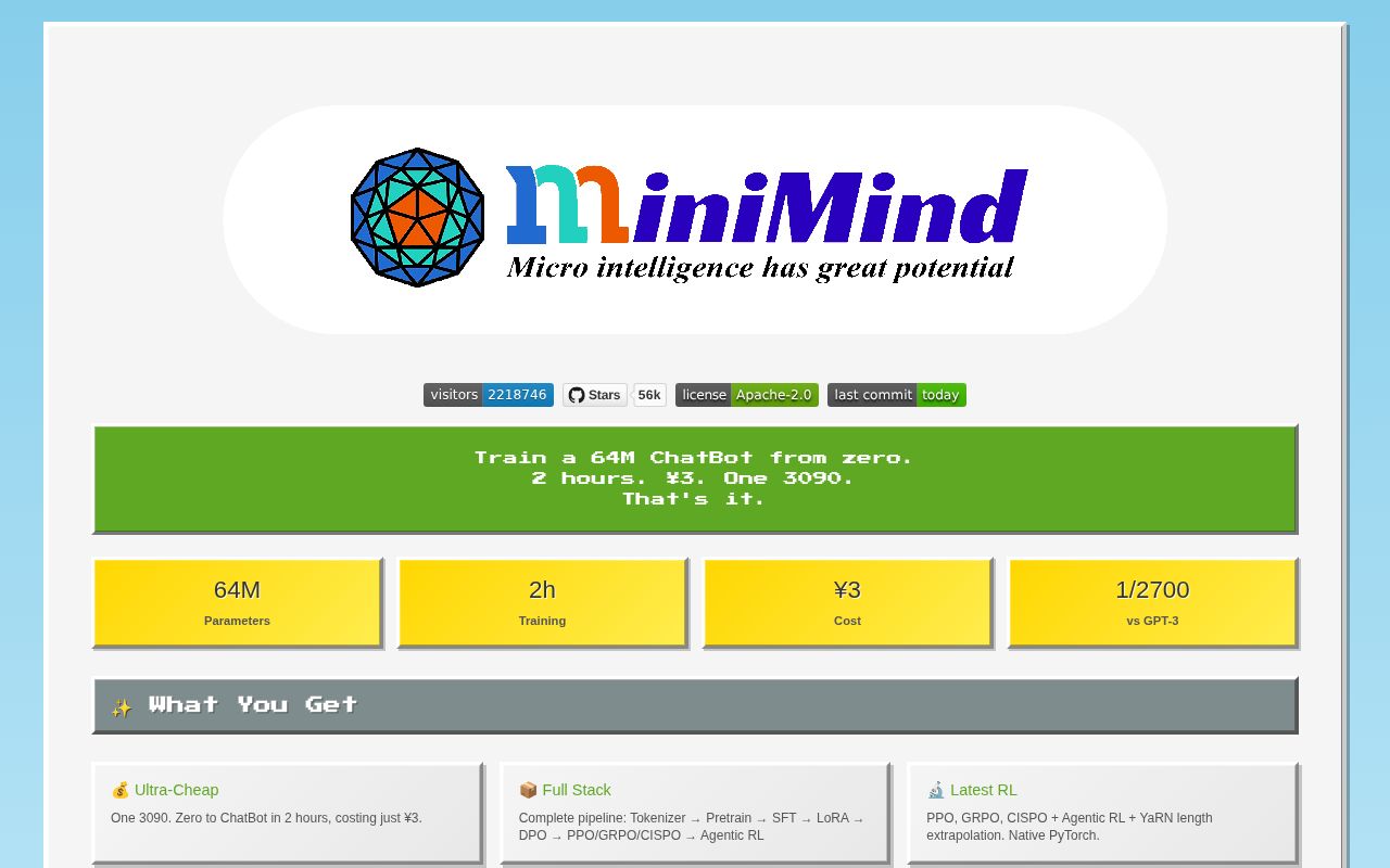 Screenshot of minimind (jingyaogong.github.io/minimind)