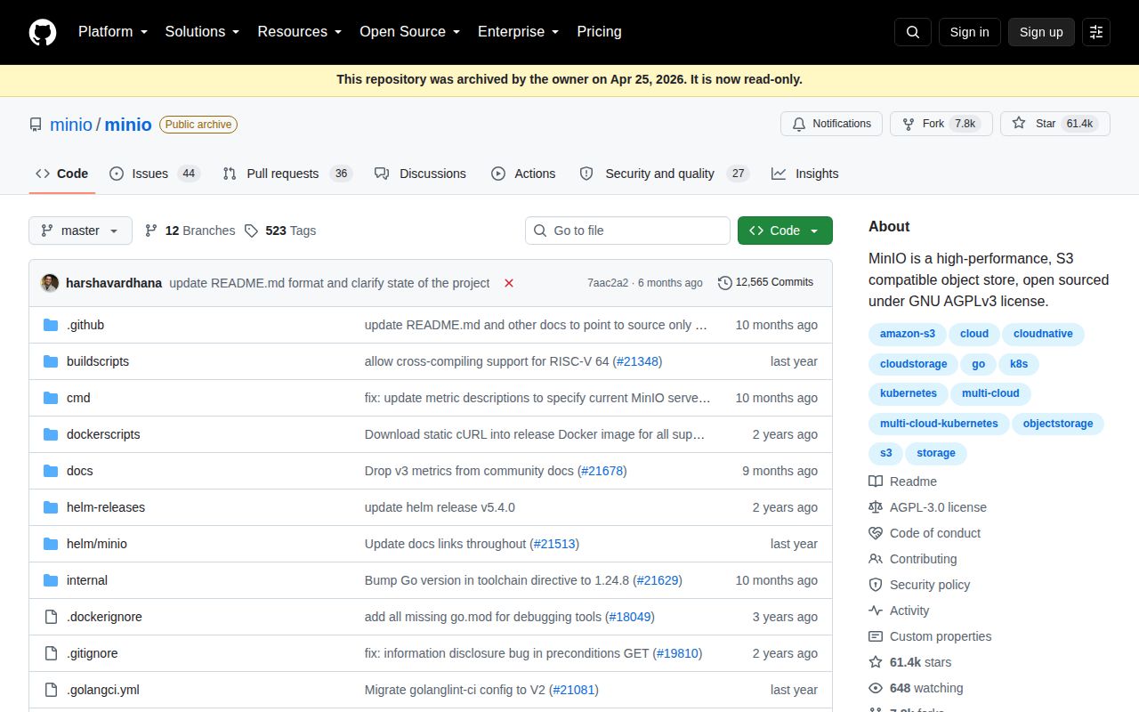 Screenshot of minio (github.com/minio/minio)