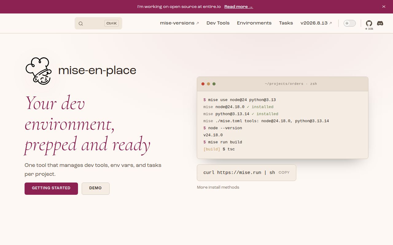 Screenshot of mise (mise.jdx.dev)