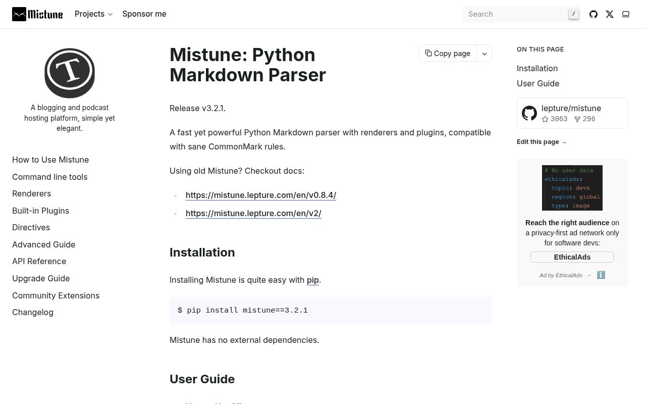 Screenshot of mistune documentation