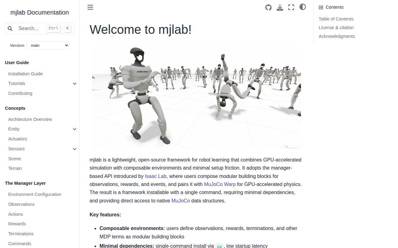 Screenshot of mjlab (mujocolab.github.io/mjlab)