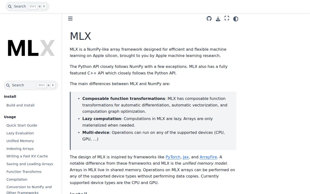 Screenshot of mlx (ml-explore.github.io/mlx)