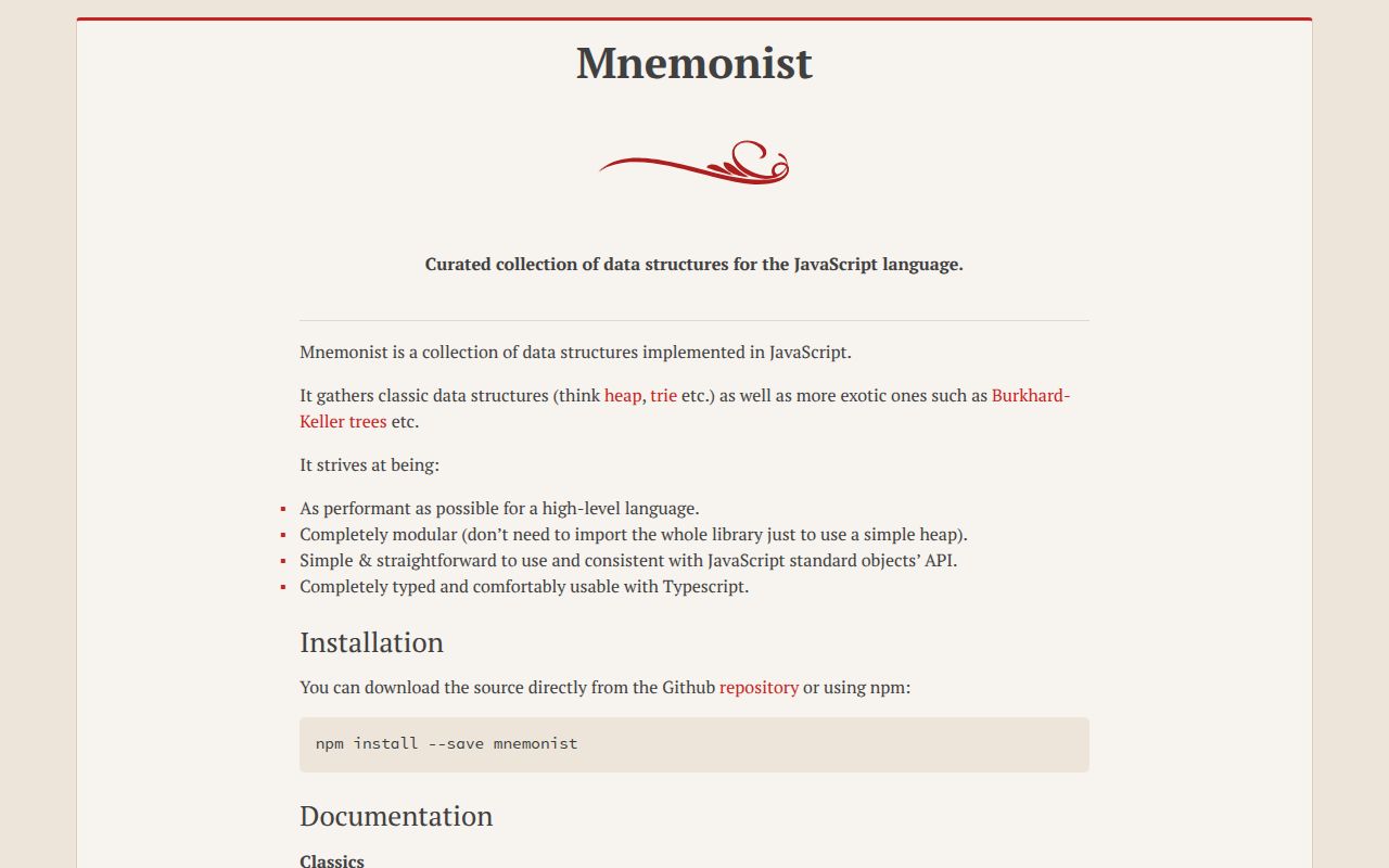 Screenshot of mnemonist documentation