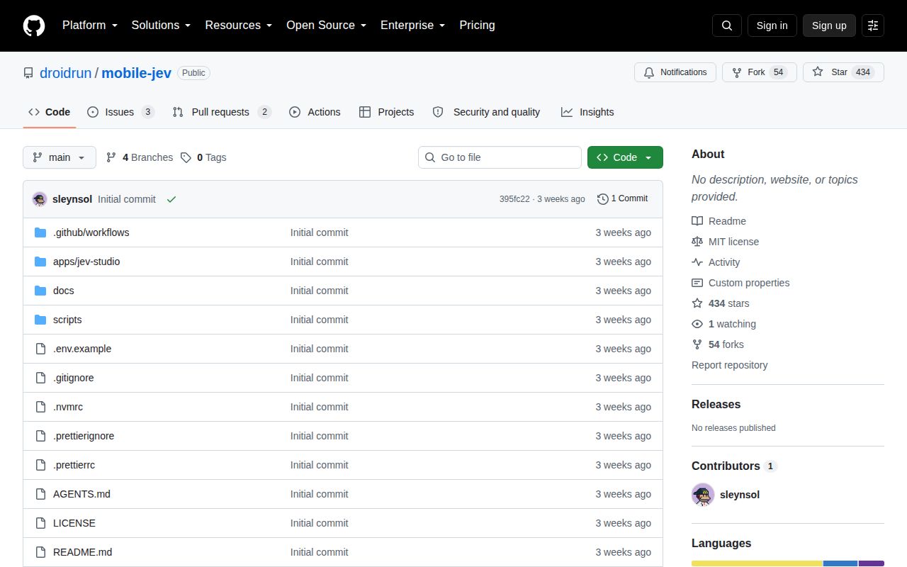 Screenshot of mobile-jev (github.com/droidrun/mobile-jev)
