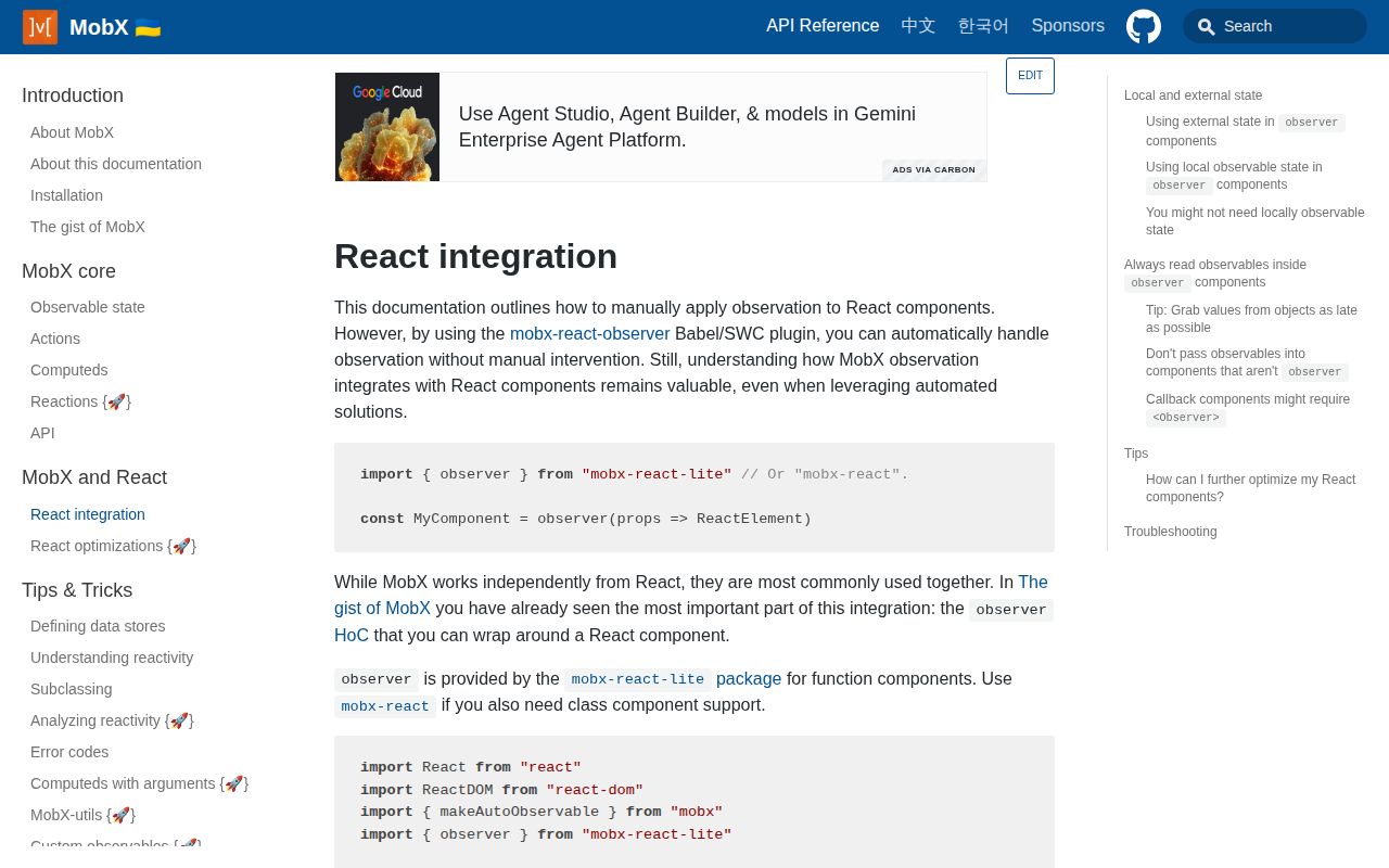 Screenshot of mobx-react-lite documentation