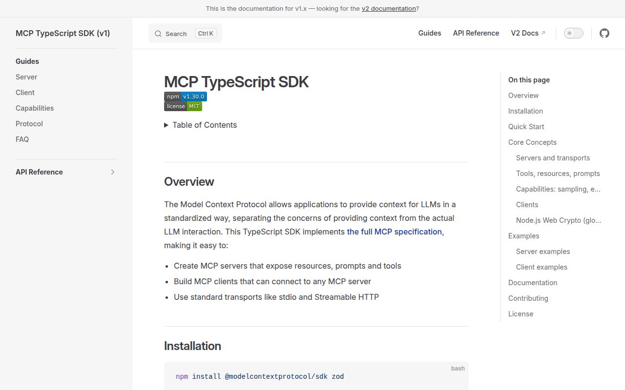 Screenshot of @modelcontextprotocol/sdk documentation