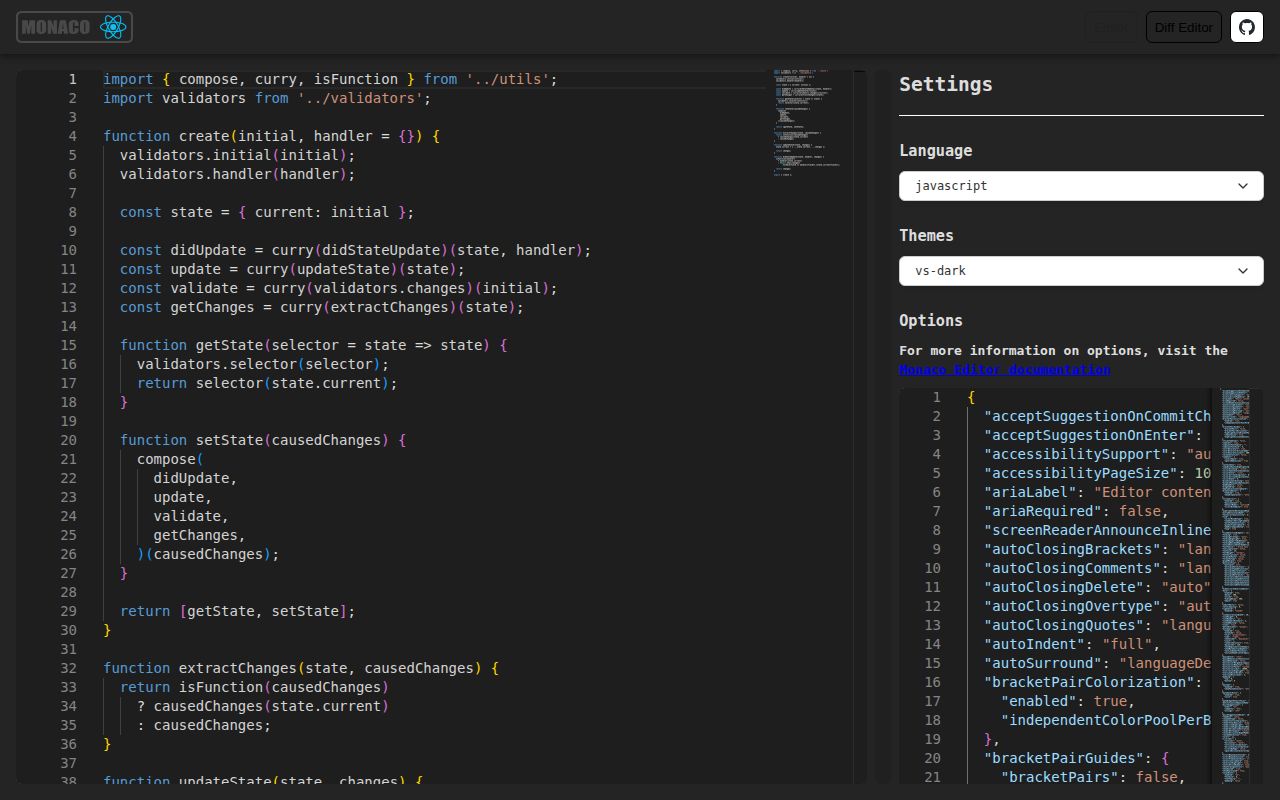 Screenshot of @monaco-editor/react documentation