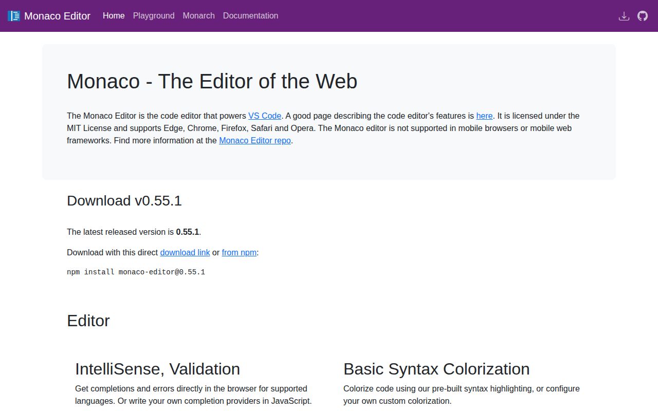 Screenshot of monaco-editor (microsoft.github.io/monaco-editor)