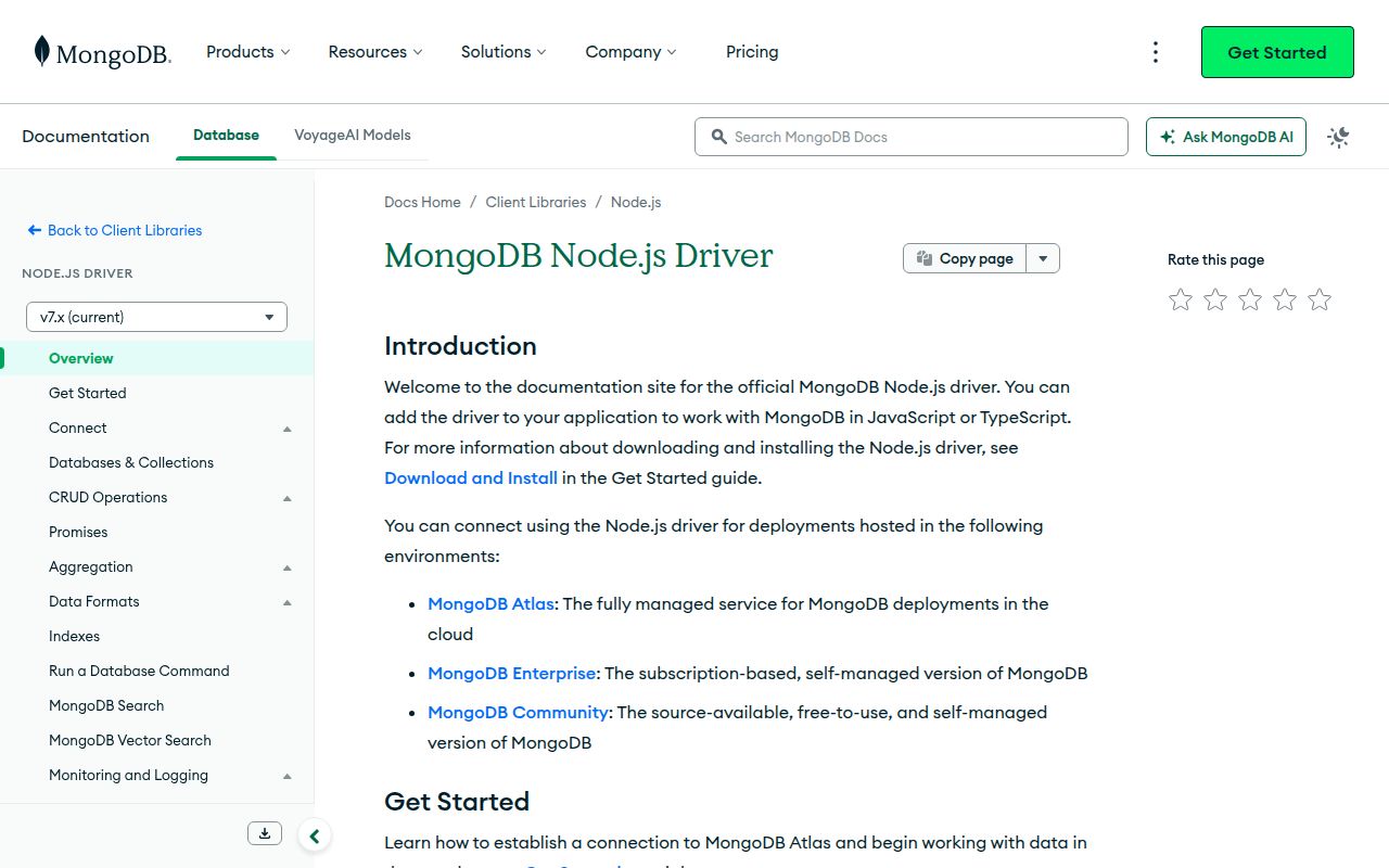 Screenshot of mongodb documentation