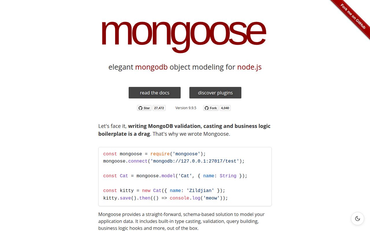 Screenshot of mongoose (mongoosejs.com)