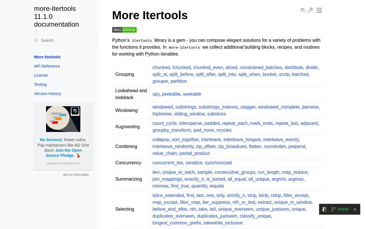 Screenshot of more-itertools documentation