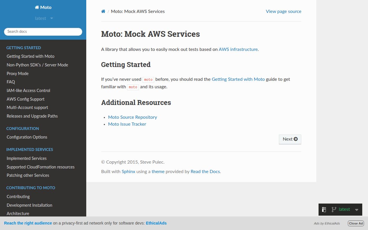 Screenshot of moto documentation