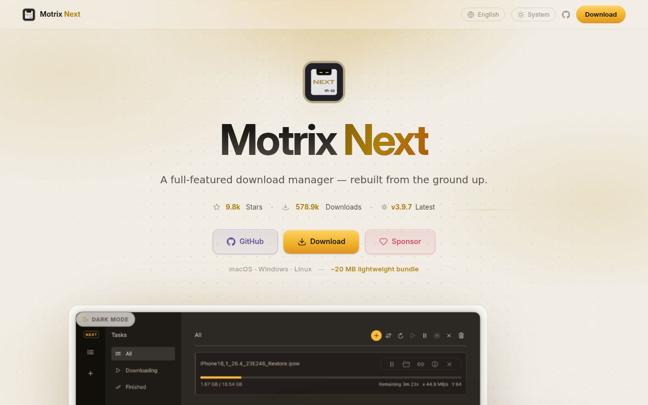 Screenshot of motrix-next (motrix-next.pages.dev)