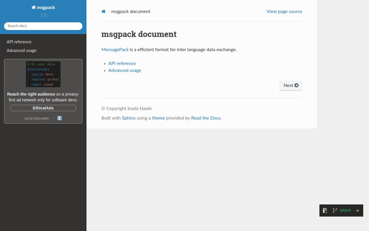 Screenshot of msgpack documentation
