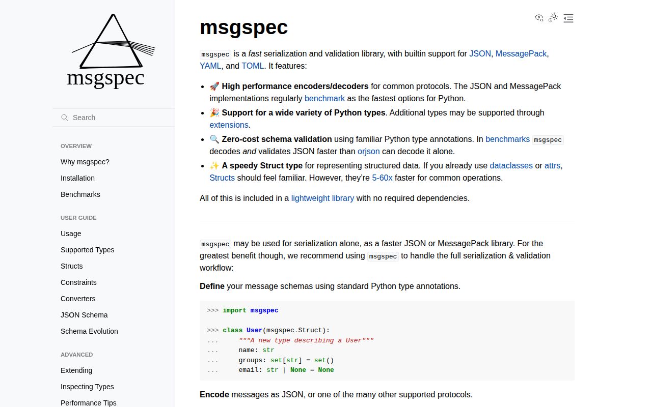 Screenshot of msgspec documentation