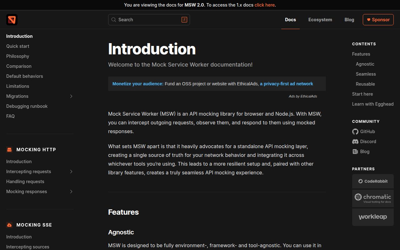 Screenshot of msw documentation