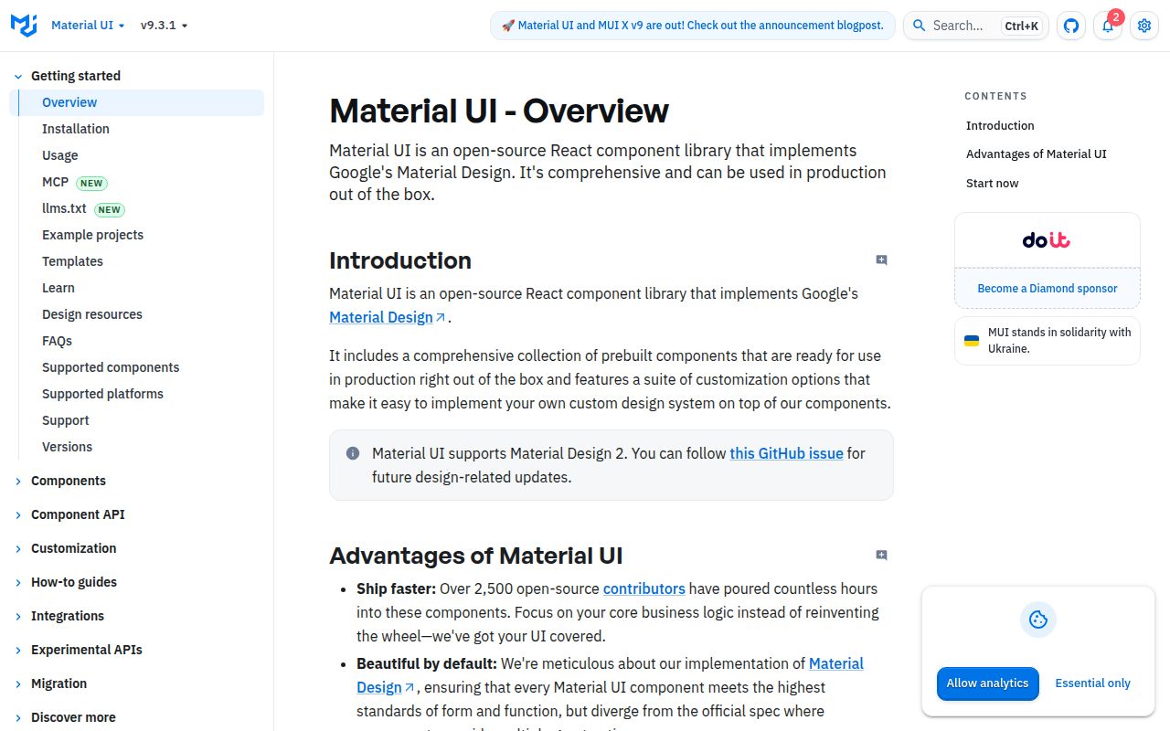 Screenshot of @mui/material documentation