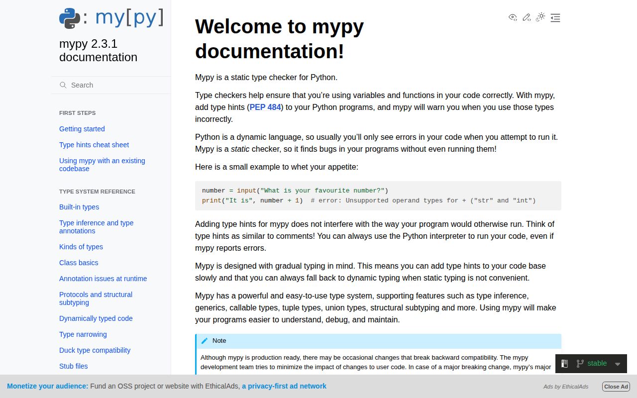 Screenshot of mypy documentation