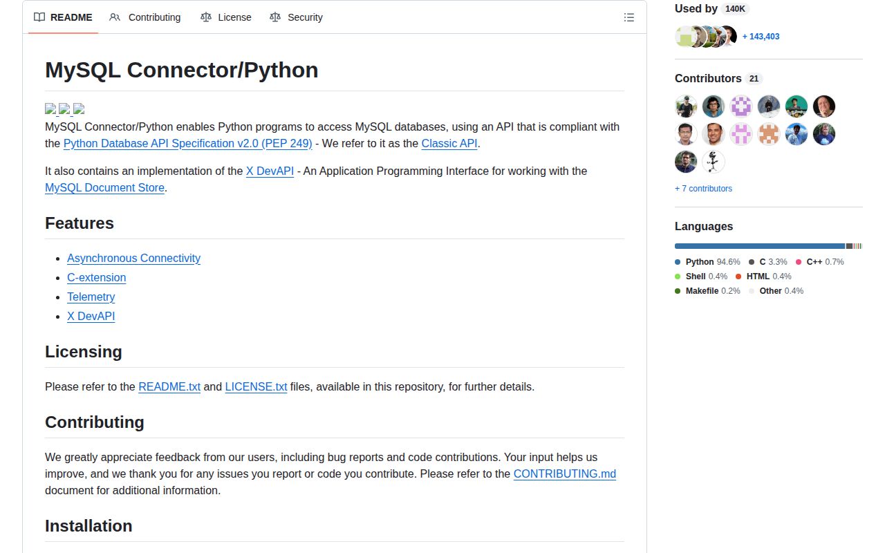 Screenshot of mysql-connector-python documentation