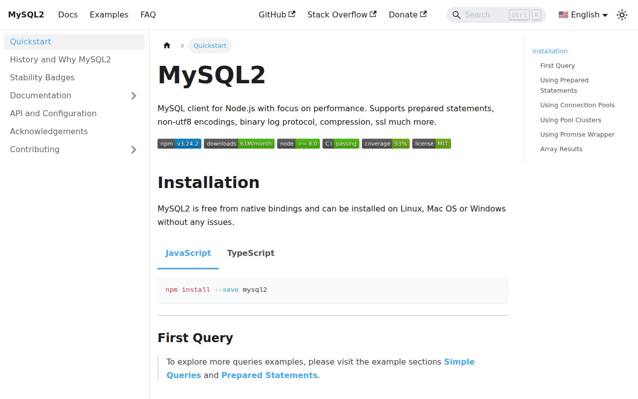 Screenshot of mysql2 documentation