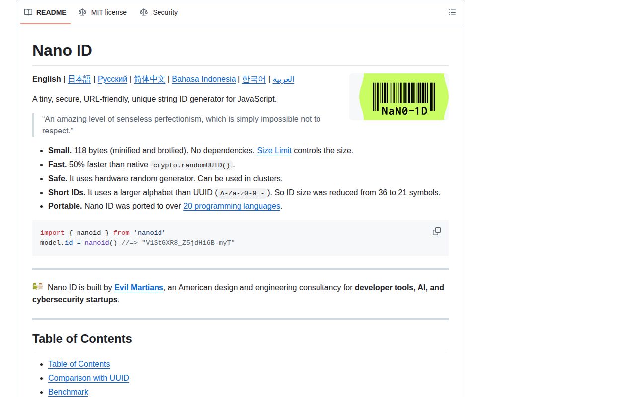 Screenshot of nanoid documentation