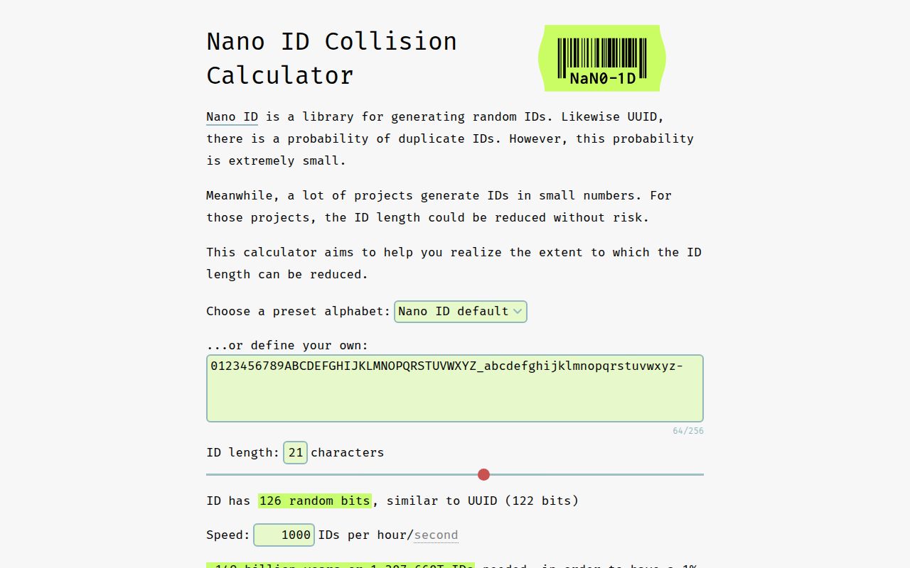 Screenshot of nanoid (zelark.github.io/nano-id-cc)