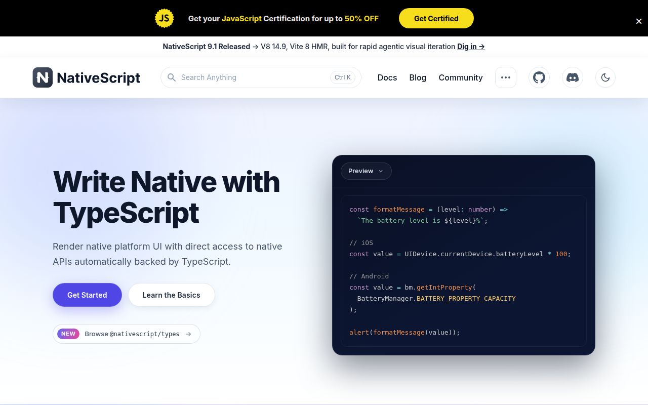 Screenshot of NativeScript (nativescript.org)