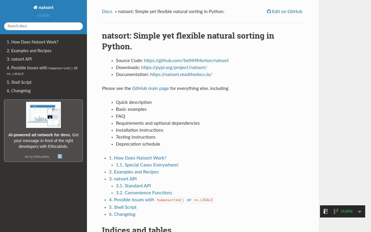 Screenshot of natsort documentation